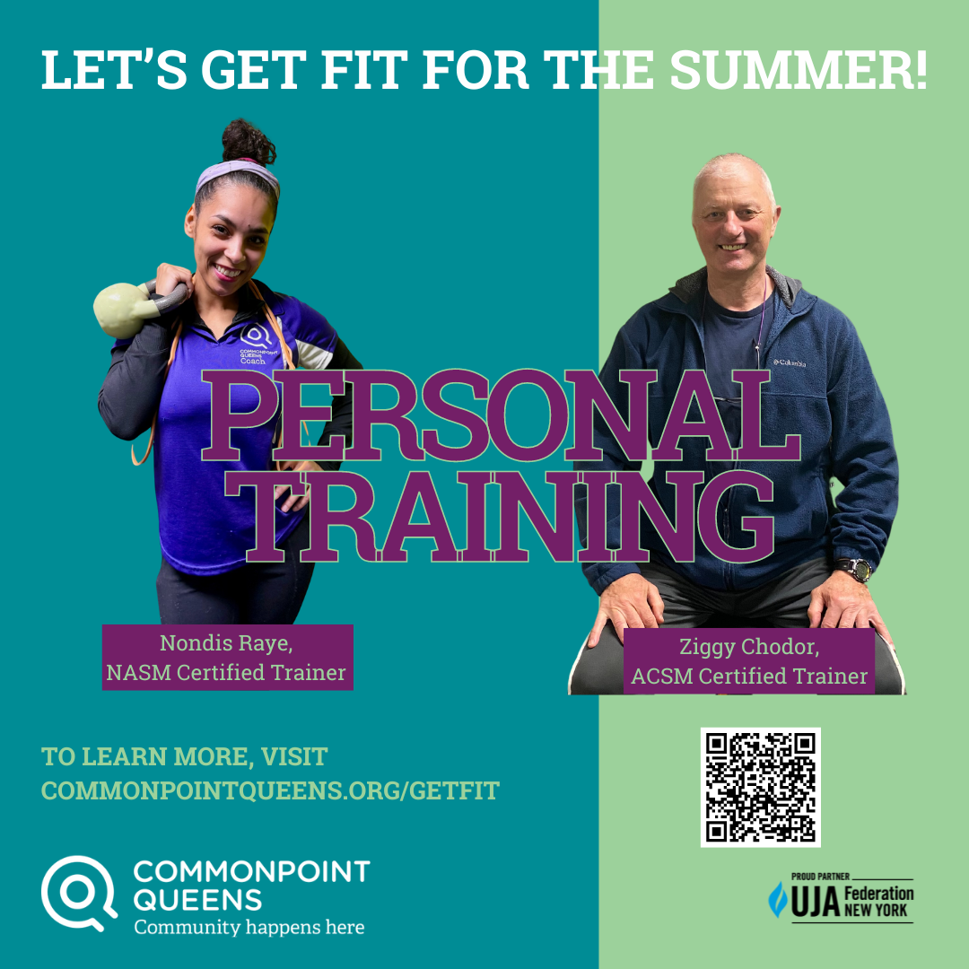 Promotional flyer for personal training featuring two smiling trainers holding fitness equipment, with contact information and a QR code at the bottom of the flyer.