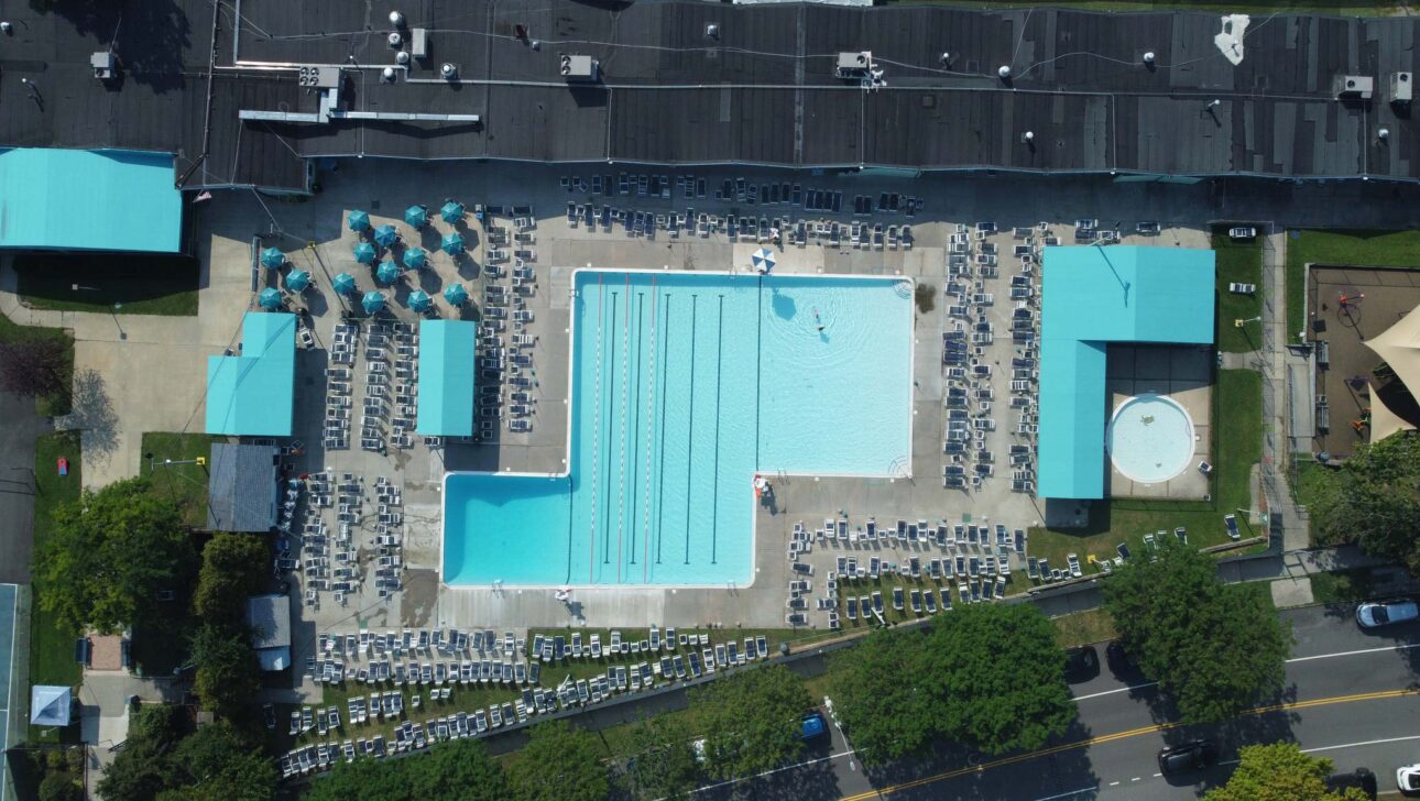 An aerial view of a swimming pool.
