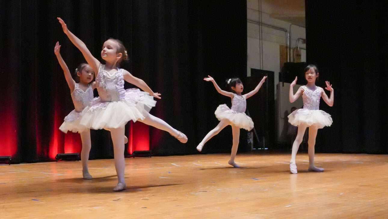 A group of young dancers in tutus on a stage.