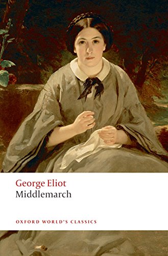Painting of a seated woman dressed in a gray shawl and dark ribbon, holding a needle and thread, on the cover of "Middlemarch" by George Eliot, representing virtual cultural arts