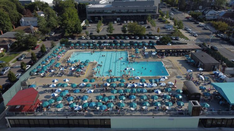 An aerial view of a large swimming pool.