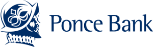 A blue logo with the words ponce bank representing a partnership with business partners.